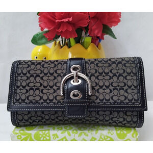 Coach Signature Black Canvas Buckle Credit Card ID Window Trifold Wallet